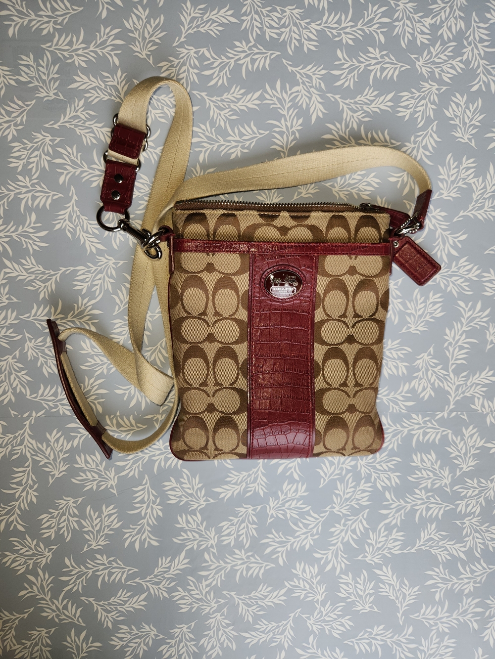 Coach Brown Signature Crossbody with Burgundy Leather Trim
